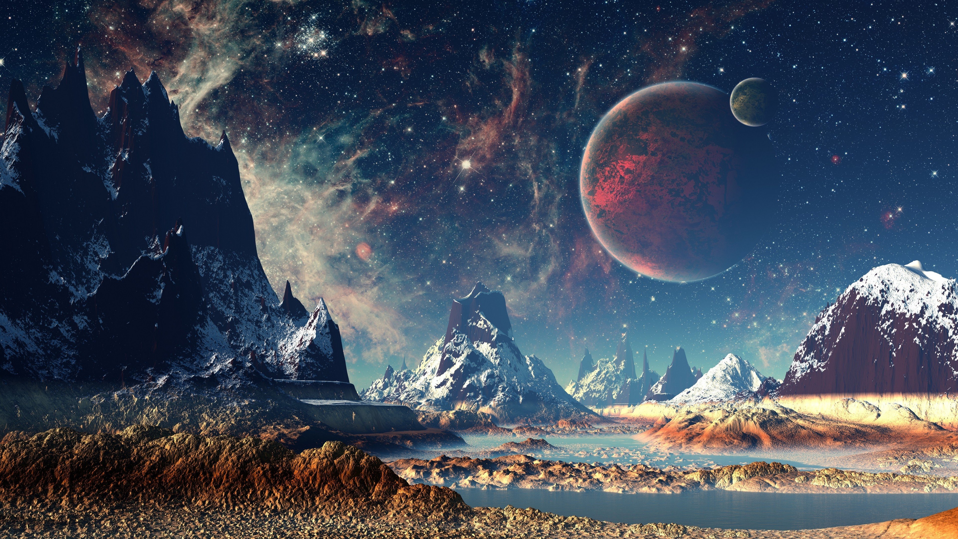 stars, Planet, Space, Mountains, Digital, Art, Artwork Wallpaper