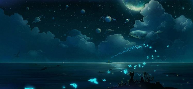 butterfly, Clouds, Night, Anime, Fantasy HD Wallpaper Desktop Background