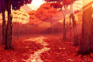 drawing, Artwork, Fall, Leaves, Sunlight, Forest, Red, Anime