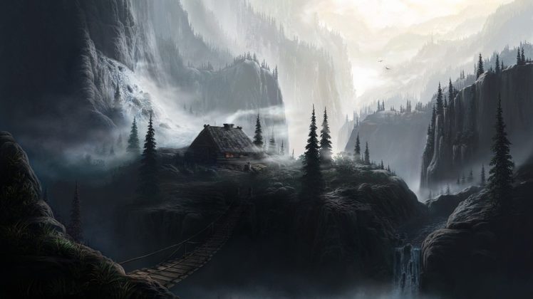 landscape, Nature, Artwork, House, Mountains, Mist, Fantasy, Art HD Wallpaper Desktop Background