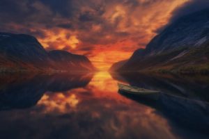 summer, Sunset, Lake, Mountains, Boat, Water, Reflection, Landscape, Norway, Nature, Sky, Clouds