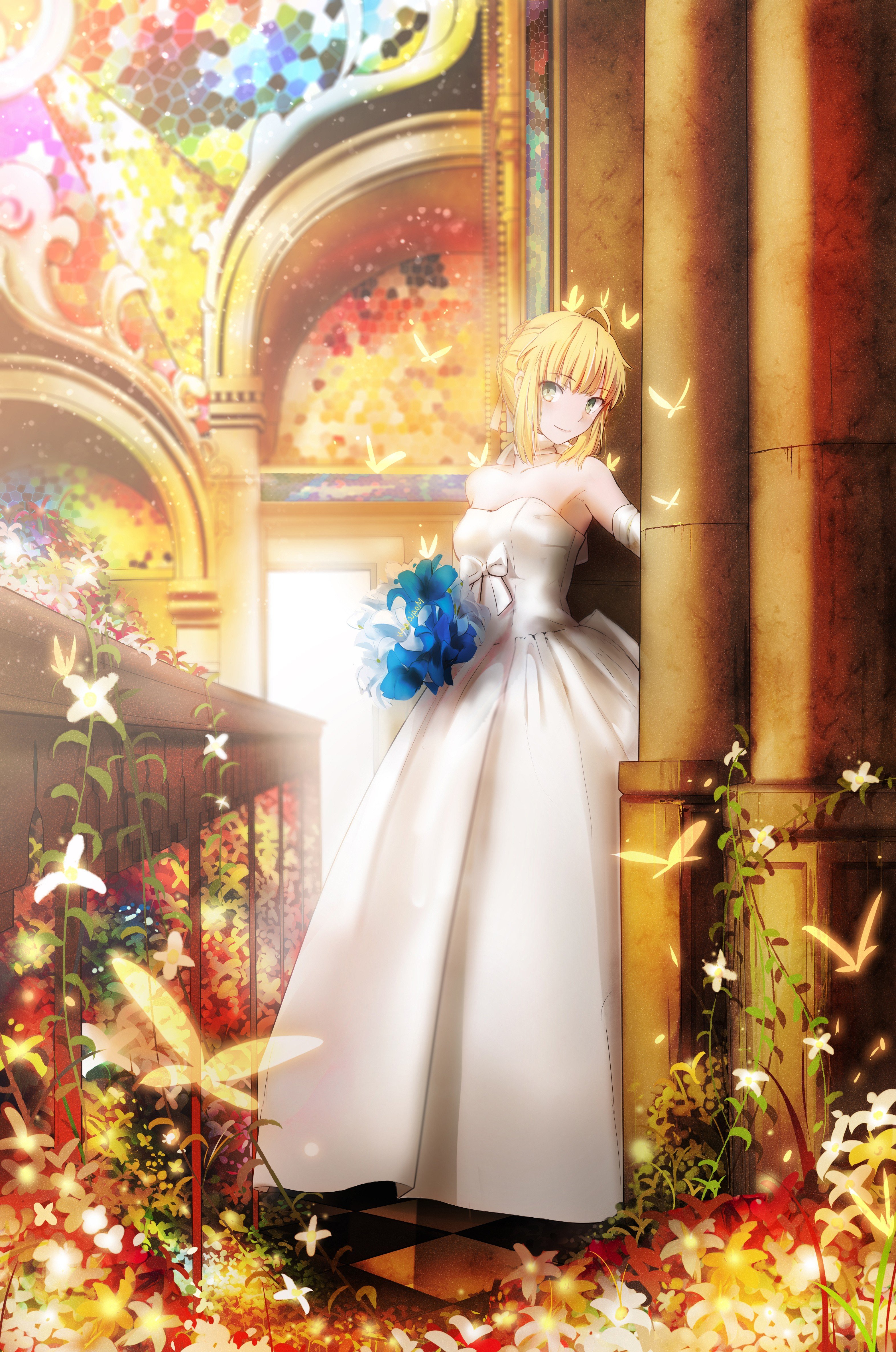 fate, Series, Saber, Flowers, Wedding, Dress, Portrait, Display Wallpaper