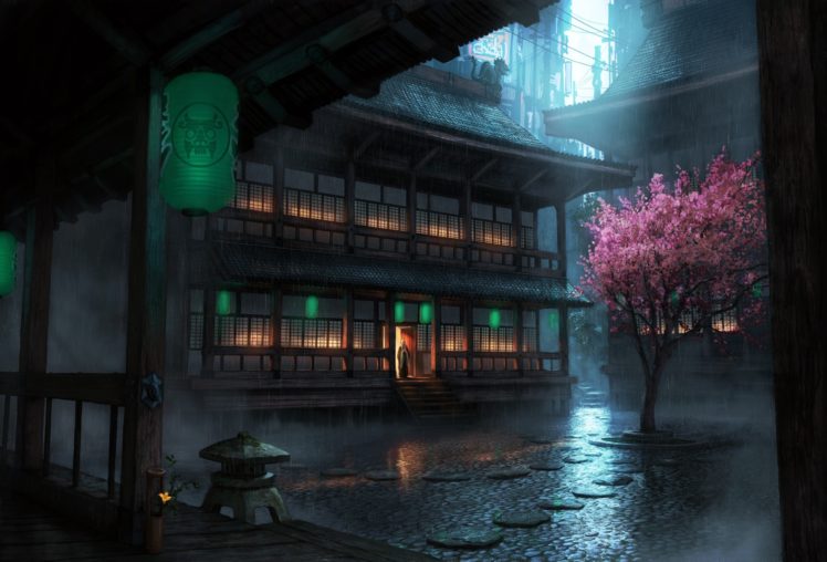 drawing, Cherry, Blossom, Temple, Rain HD Wallpaper Desktop Background