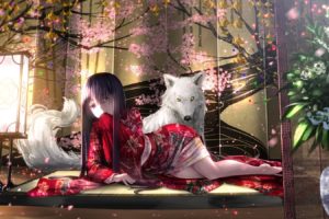 wolf, Traditional, Clothing, Flowers, Anime, Girls