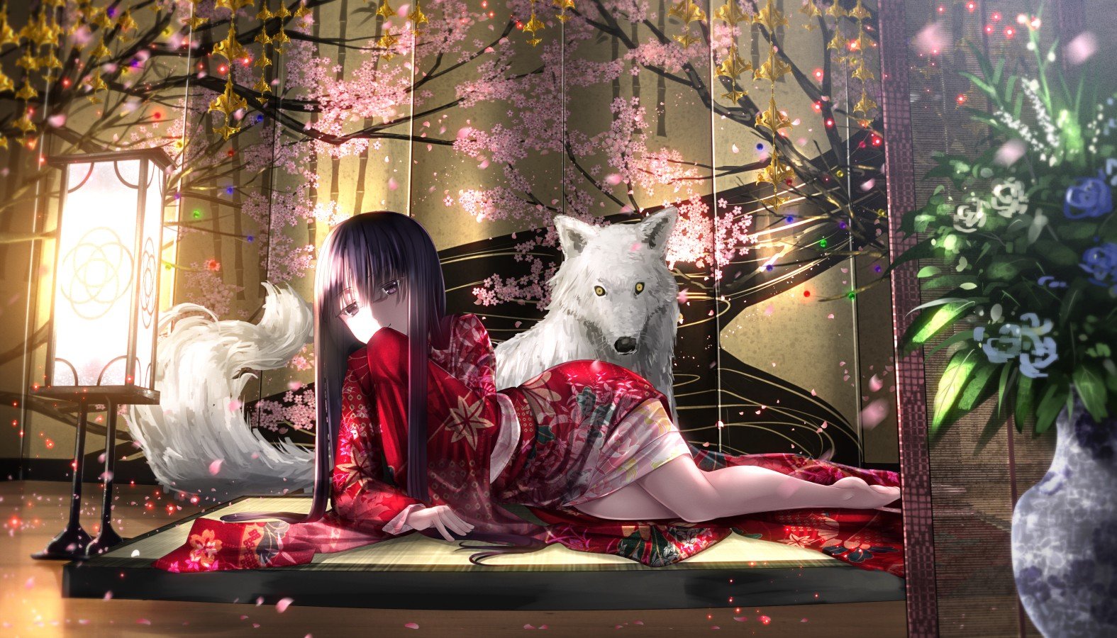 wolf, Traditional, Clothing, Flowers, Anime, Girls Wallpaper