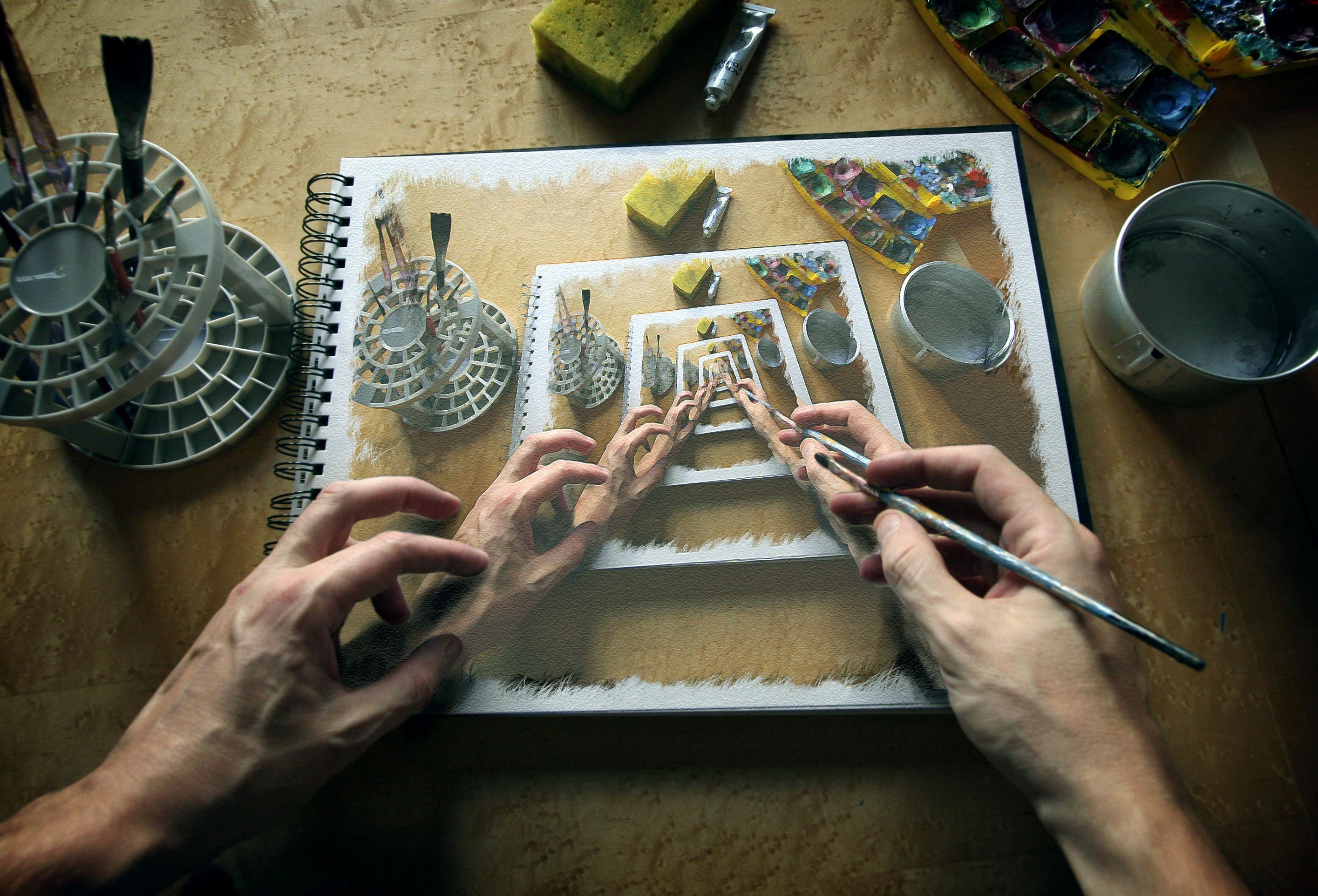 painting, Canvas, Perspective, Hands, Paintbrushes, Paint, Can, Drawing Wallpaper