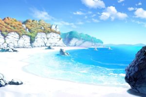 anime, Drawing, Landscape, Sea, Beach, Sand, Sky, Rock, Artwork, Clouds