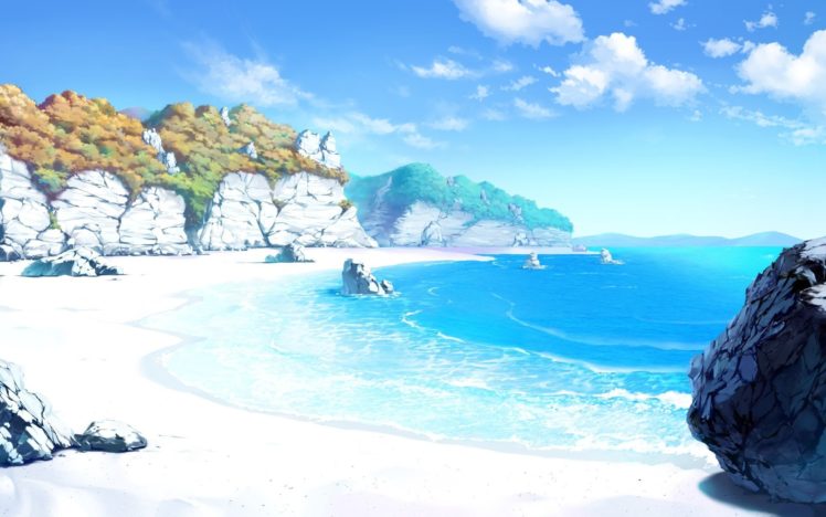 anime, Drawing, Landscape, Sea, Beach, Sand, Sky, Rock, Artwork, Clouds HD Wallpaper Desktop Background