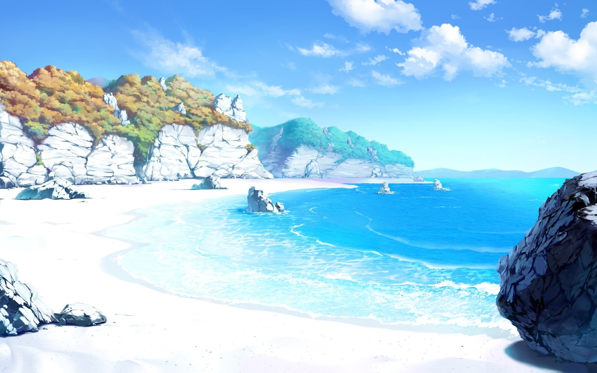 anime, Drawing, Landscape, Sea, Beach, Sand, Sky, Rock, Artwork, Clouds Wallpaper