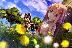 anime, Girls, Butterfly, Flower