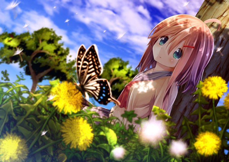 anime, Girls, Butterfly, Flower HD Wallpaper Desktop Background