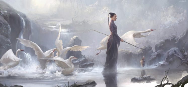 fantasy, Art, Swan, Girl, Lake, Animal HD Wallpaper Desktop Background