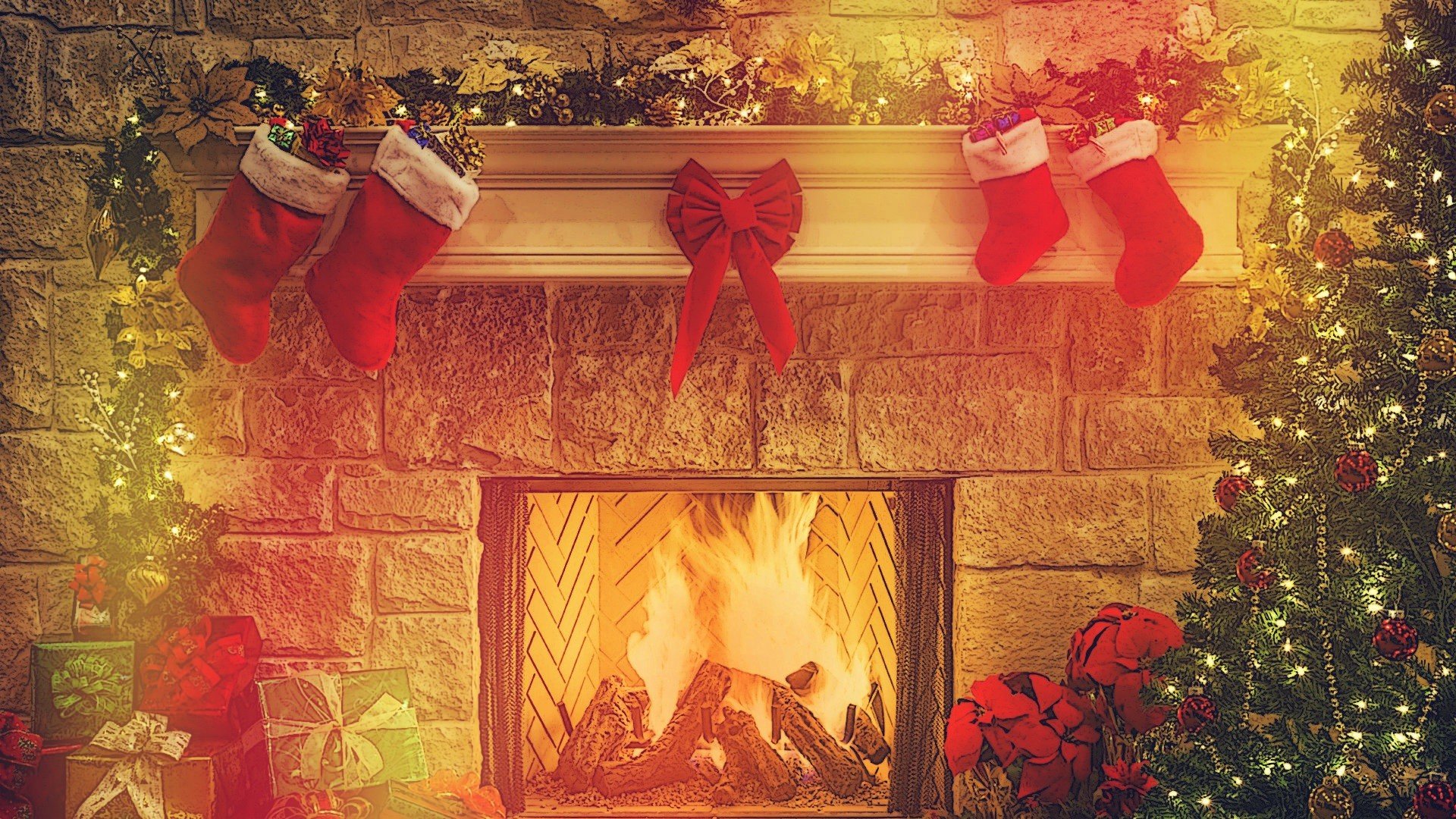 chimenea, Fuego, Regalos, Navidad Wallpaper