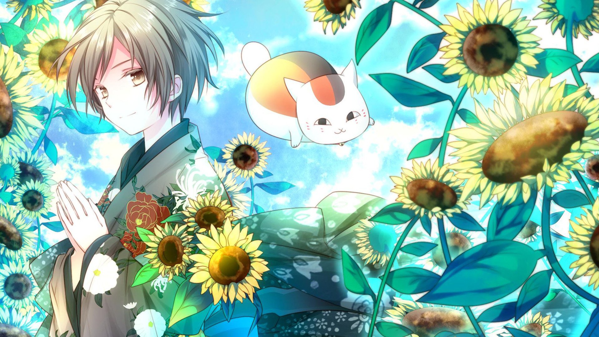 anime, Cat, Boy, Sunflower, Summer Wallpaper