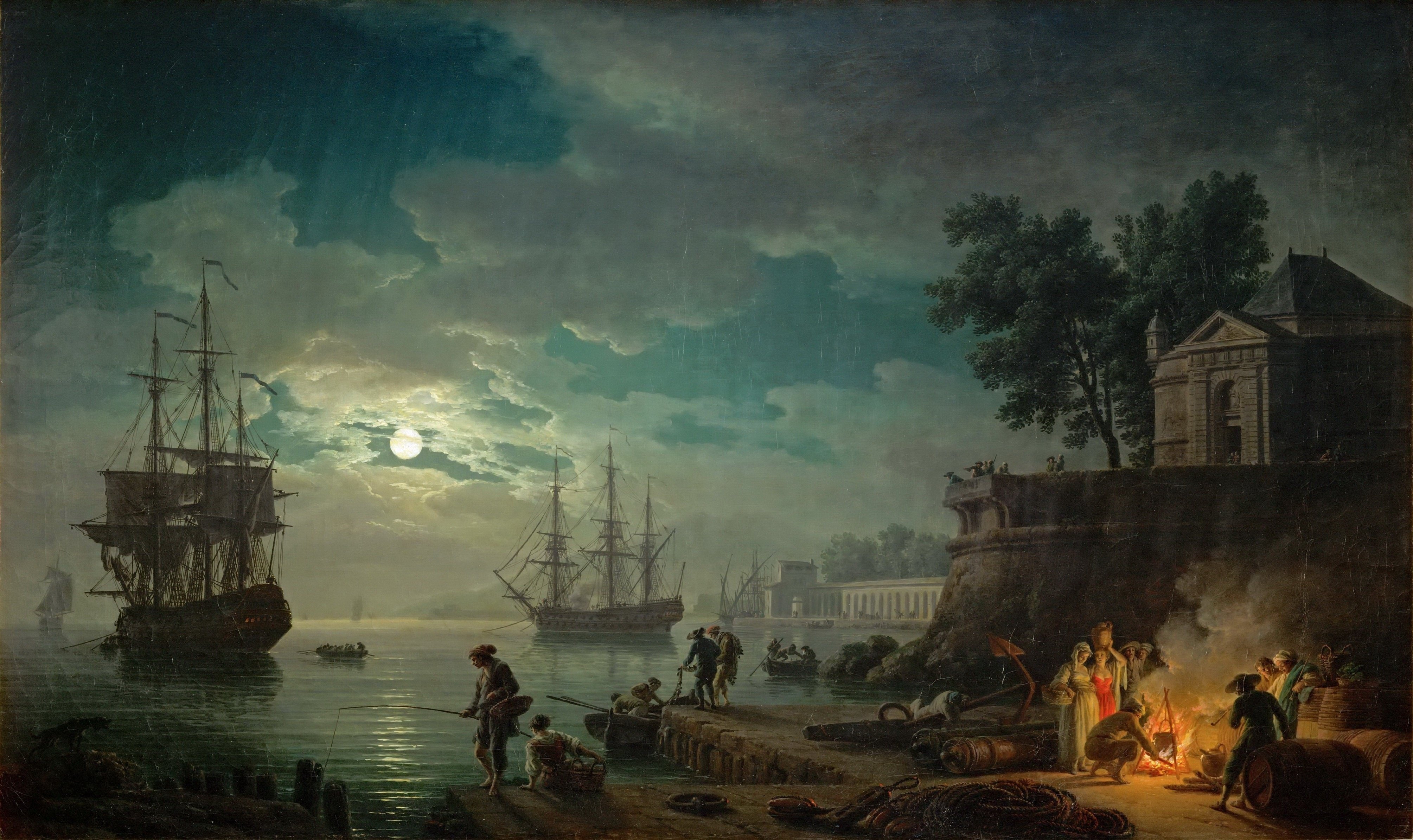 artwork, Classic, Art, Painting, Sailing, Ship, Sea, Clouds, People, Claude, Joseph, Vernet, Night, Moon Wallpaper