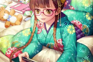 bed, Brown, Eyes, Brown, Hair, Crossover, Flower, Gaming, Glasses, Happy, Kimono, Long, Hair, Ribbon, Teddy, Twin, Tails, Gang, Road, Super, Mario, Bro