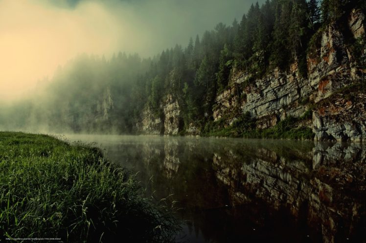 , Rocks, River, Russia, Landscape, Fog, Forest, Spruce, Reflection, Morning HD Wallpaper Desktop Background