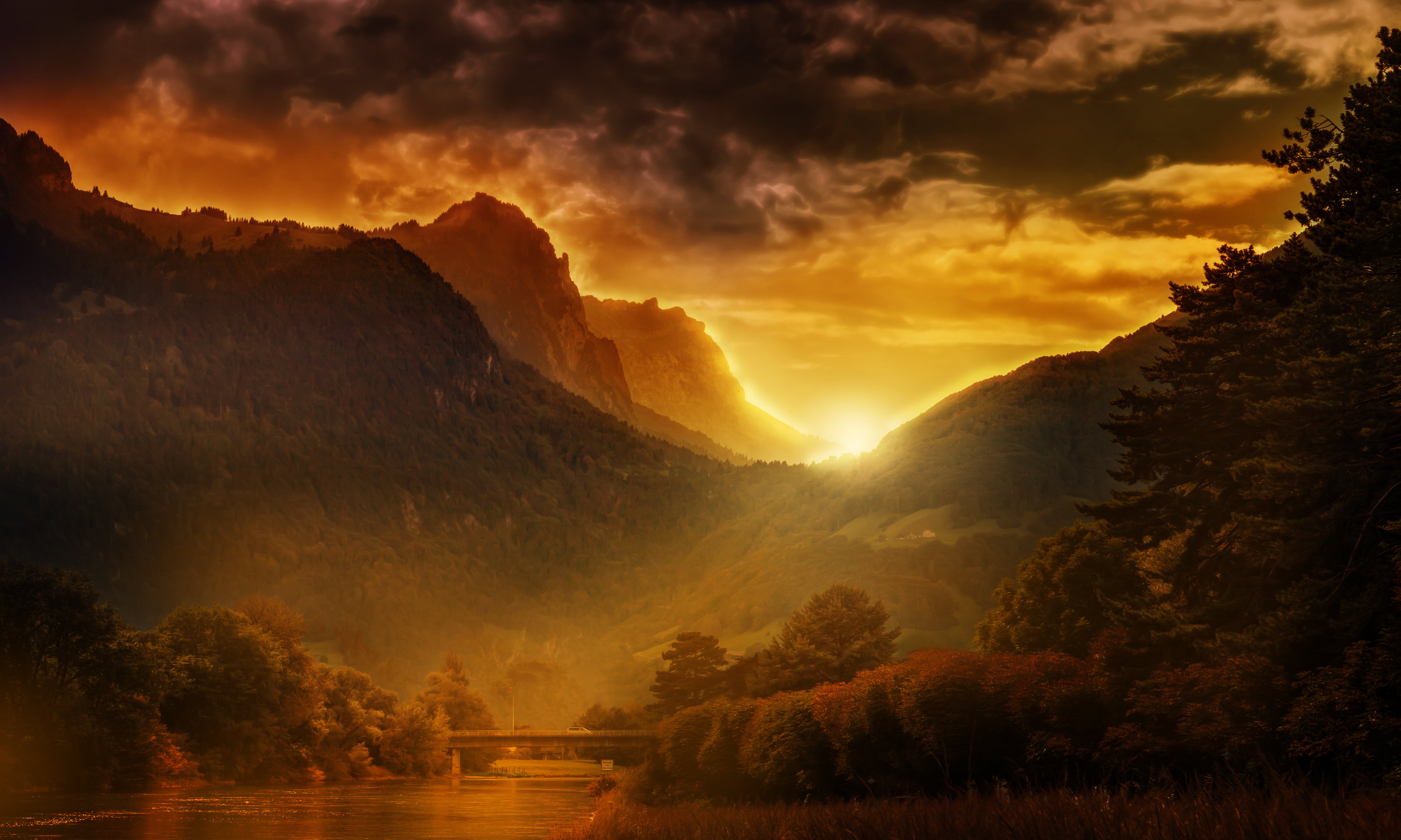 sunset, Weesen, Switzerland, Sunbeam, Retina, Nature Wallpaper