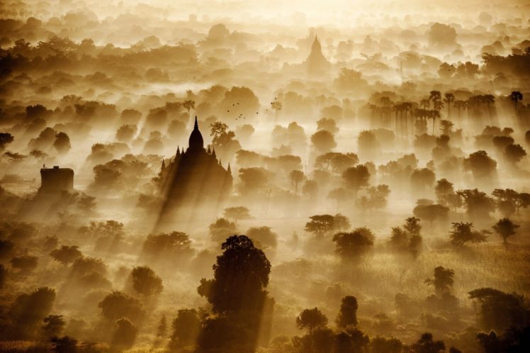 sun, Rays, Bagan, Temple, Artwork HD Wallpaper Desktop Background