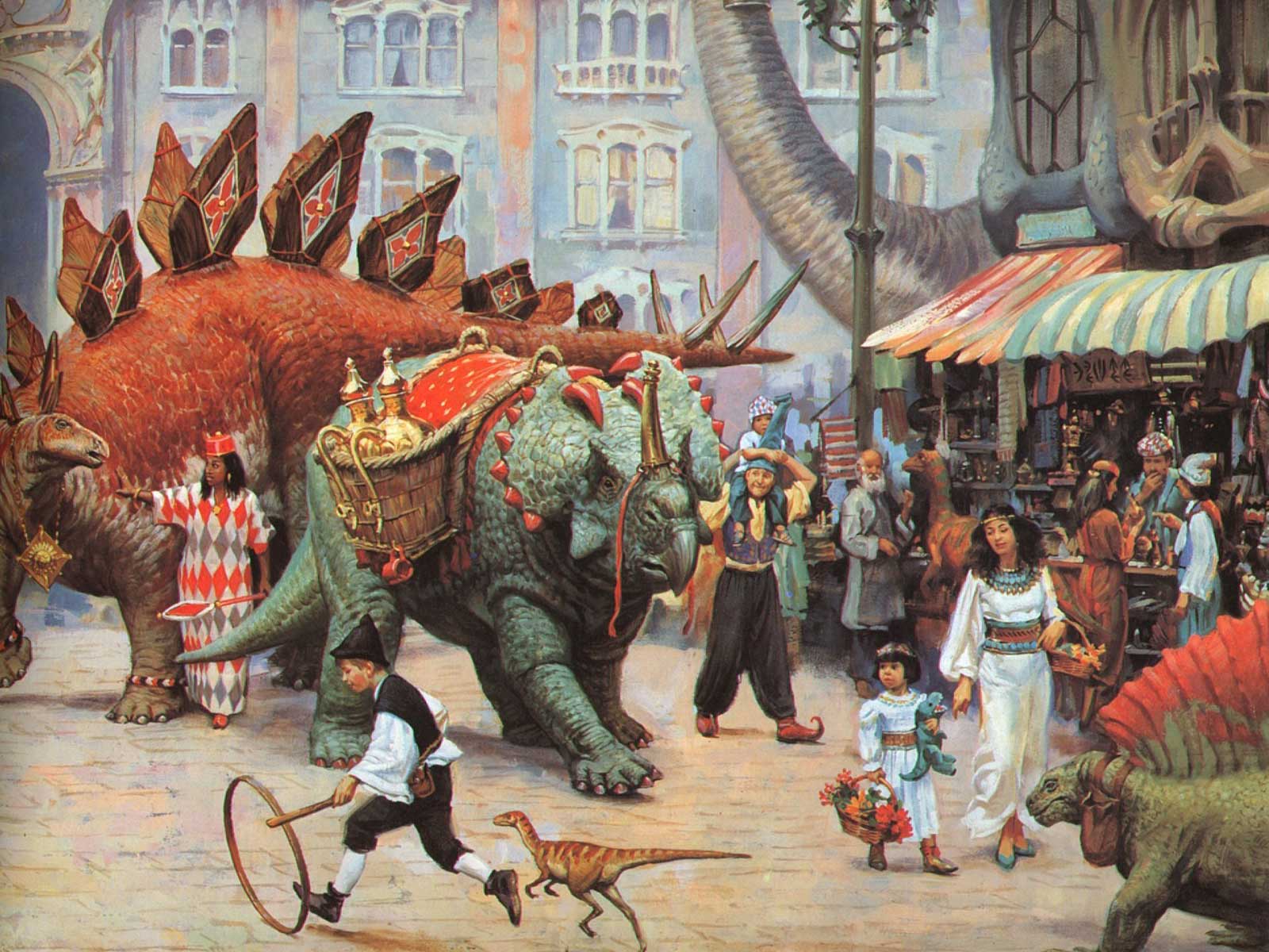 fantasy, Creature, Town, Crowd, People, Children, Mood, Dinosaur, Painting Wallpaper