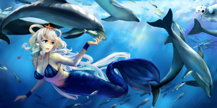 vocaloid, Animal, Bikini, Top, Dolphin, Fish, Jiaoshouwen, Luo, Tianyi, Mermaid, Necklace, Underwater, Vocaloid HD Wallpaper Desktop Background