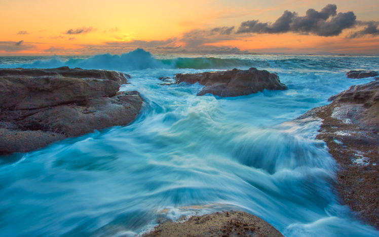 ocean, Rocks, Sea, Sky, Sunrise, Sunset, Waves HD Wallpaper Desktop Background