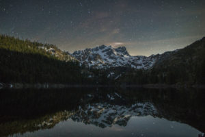snow, Stars, Night, Reflection, Trees, Lake, Mountains, Sky, Night