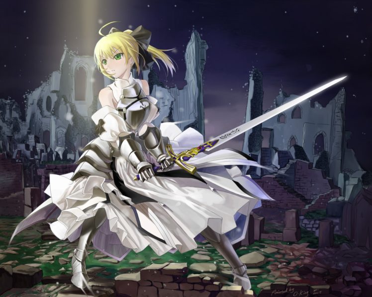 blondes, Fatestay, Night, Dress, Night, Excalibur, Green, Eyes, Armor, Fatezero, Saber, Lily, Detached, Sleeves, Hair, Bow, Fate, Series HD Wallpaper Desktop Background