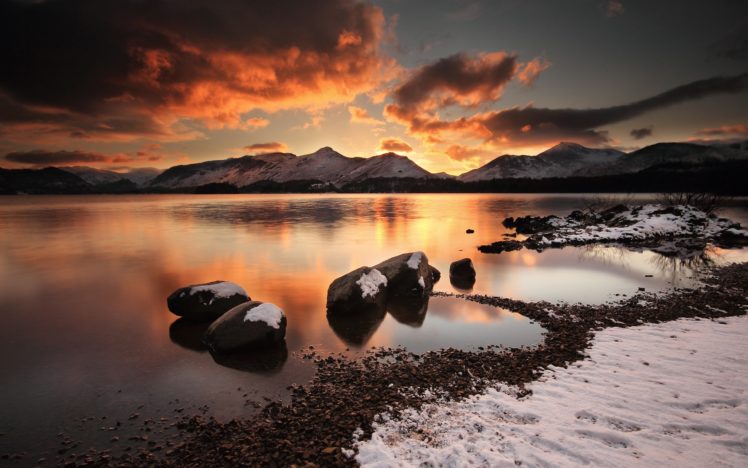 water, Sunset, Mountains, Clouds, Landscapes, Nature, Winter, Beach HD Wallpaper Desktop Background