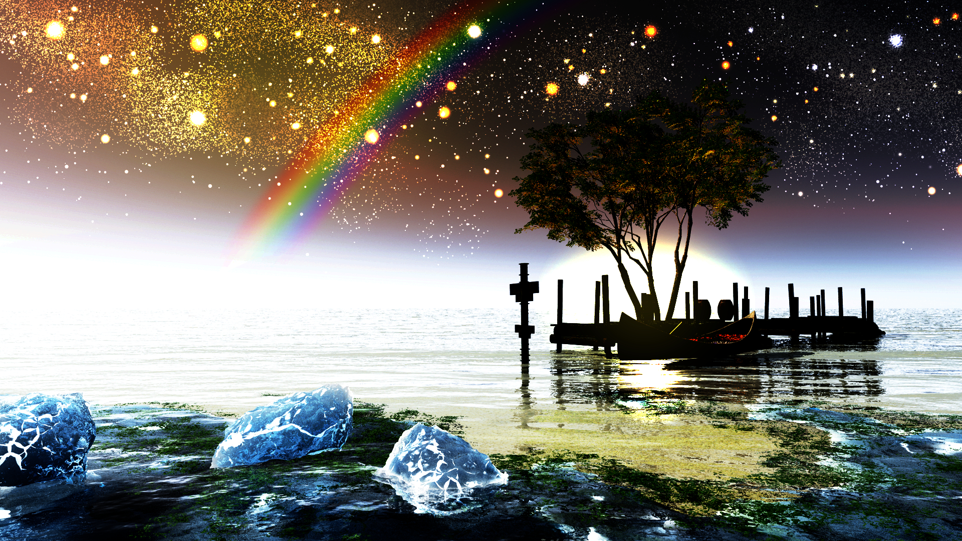 original, Boat, Landscape, Original, Rainbow, Scenic, Sky, Stars, Tree, Water, Y k Wallpaper