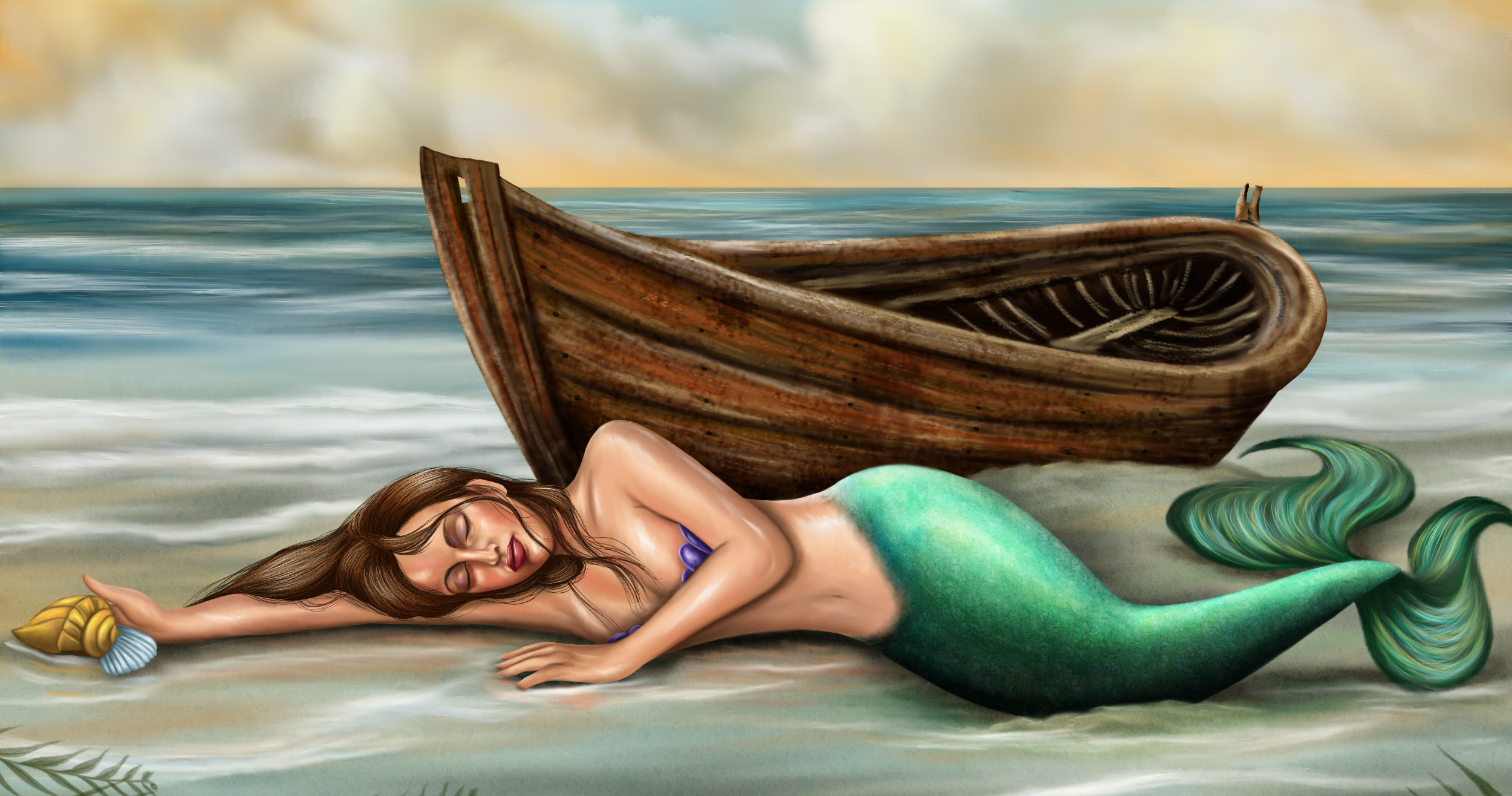 mermaid, Painting, Art, Boats, Fantasy Wallpaper