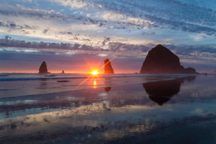 pacific, Ocean, Oregon, Rocks, Sunset HD Wallpaper Desktop Background