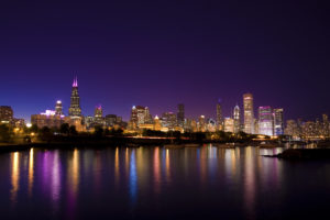 chicago, City, Town, Evening, Lights, Promenade, Boat, Park, Reflection