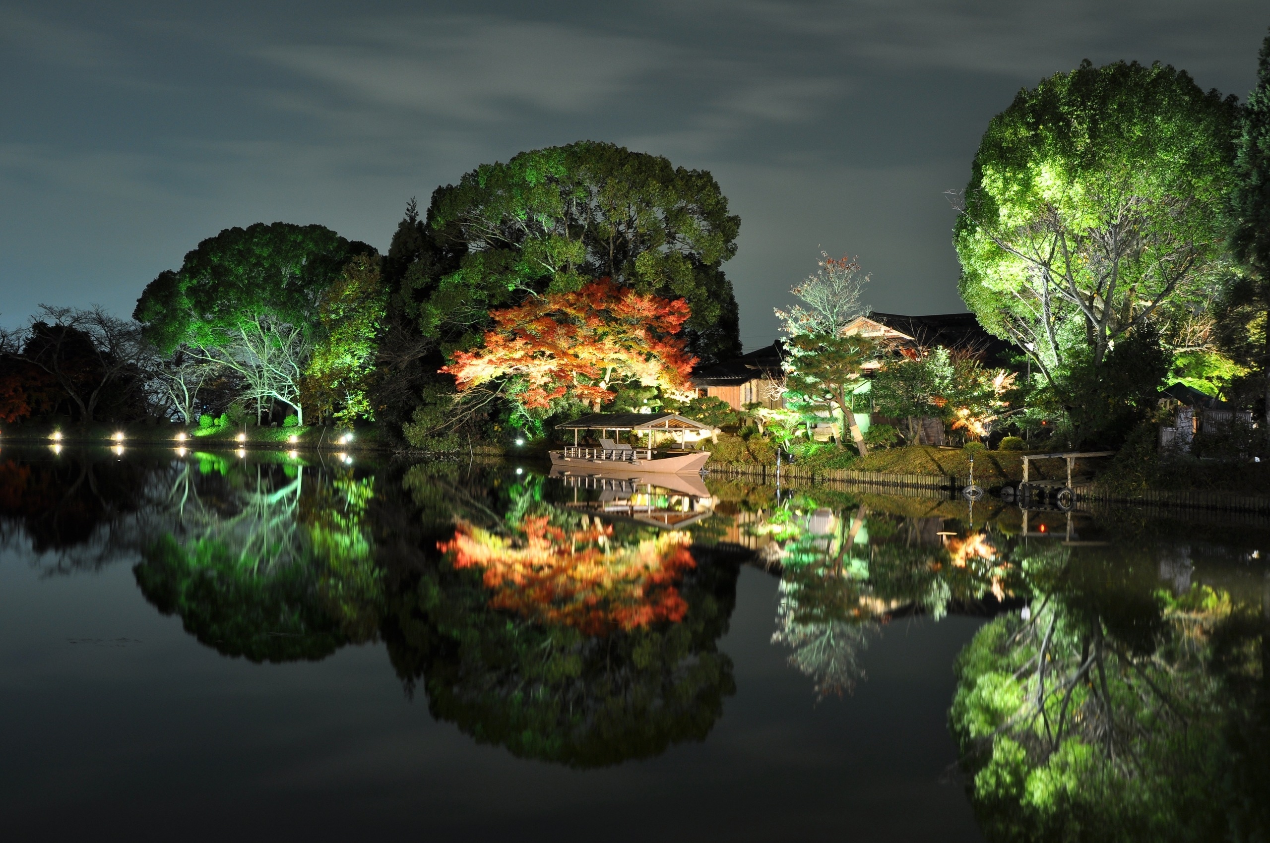 trees, River, Japan, House, Boat, Autumn, Reflection Wallpaper
