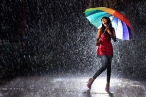 girl, Happy, Rain, Umbrella