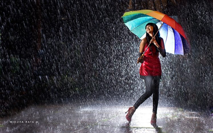 girl, Happy, Rain, Umbrella HD Wallpaper Desktop Background