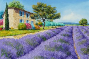 painting, Art, Landscape, Jean marc, Janiaczyk, Field, Flowers, Lavender, House, Trees, Bushes, Mountains