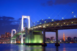 tokyo, Japan, The, Capital, Metropolis, Bridge, Lights, Lighting, Lights, Glare, Bay, Houses, Buildings, Night, Blue, Sky, Clouds, Reflection, Glow