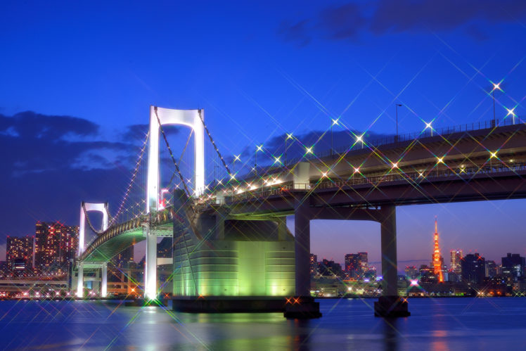 tokyo, Japan, The, Capital, Metropolis, Bridge, Lights, Lighting, Lights, Glare, Bay, Houses, Buildings, Night, Blue, Sky, Clouds, Reflection, Glow HD Wallpaper Desktop Background