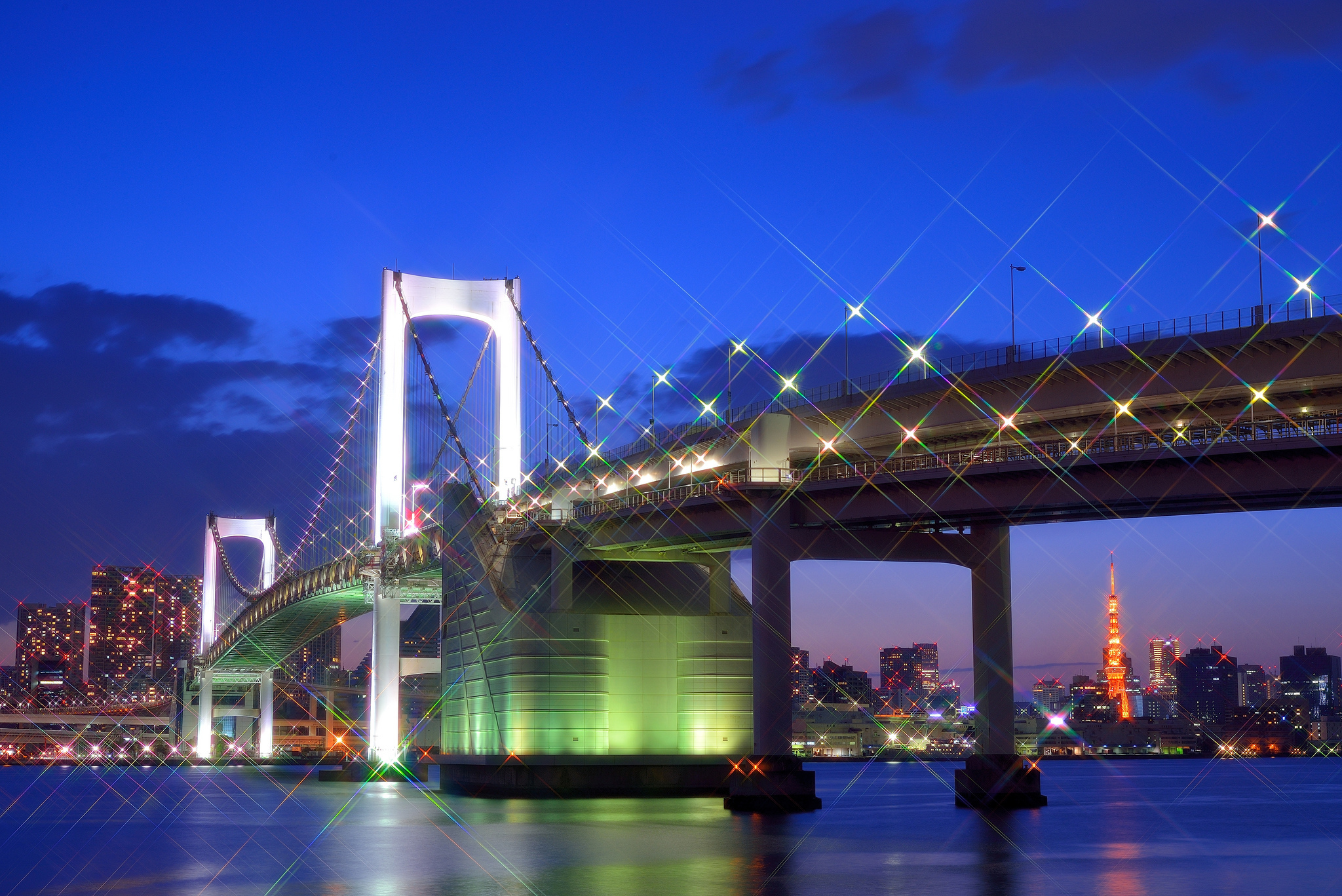 tokyo, Japan, The, Capital, Metropolis, Bridge, Lights, Lighting, Lights, Glare, Bay, Houses, Buildings, Night, Blue, Sky, Clouds, Reflection, Glow Wallpaper