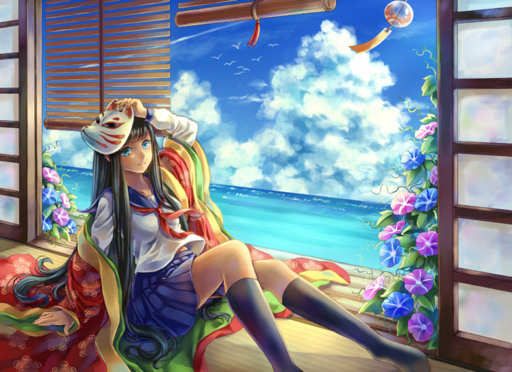 original, Clouds, Japanese, Clothes, Kneehighs, Mask, Original, Seifuku, Summer, Tandolcedeco HD Wallpaper Desktop Background