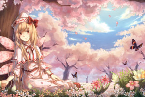 touhou, Butterfly, Cherry, Blossoms, Flowers, Lily, White, Touhou, Wings, Yezhi, Na