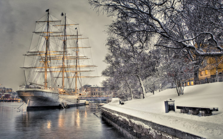 sailboat, Dock, Quay, Snow, Hdr, Ship, Boat, Winter HD Wallpaper Desktop Background