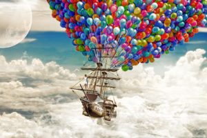 ship, Sail, Ship, Schooner, Balloons, Clouds, Moon, Balloon, Fantasy, Boat, Bokeh