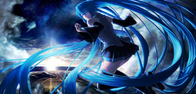 vocaloid, Blue, Eyes, Blue, Hair, Clouds, Hatsune, Miku, Nakacha, Night, Stars, Sunset, Twintails, Vocaloid HD Wallpaper Desktop Background