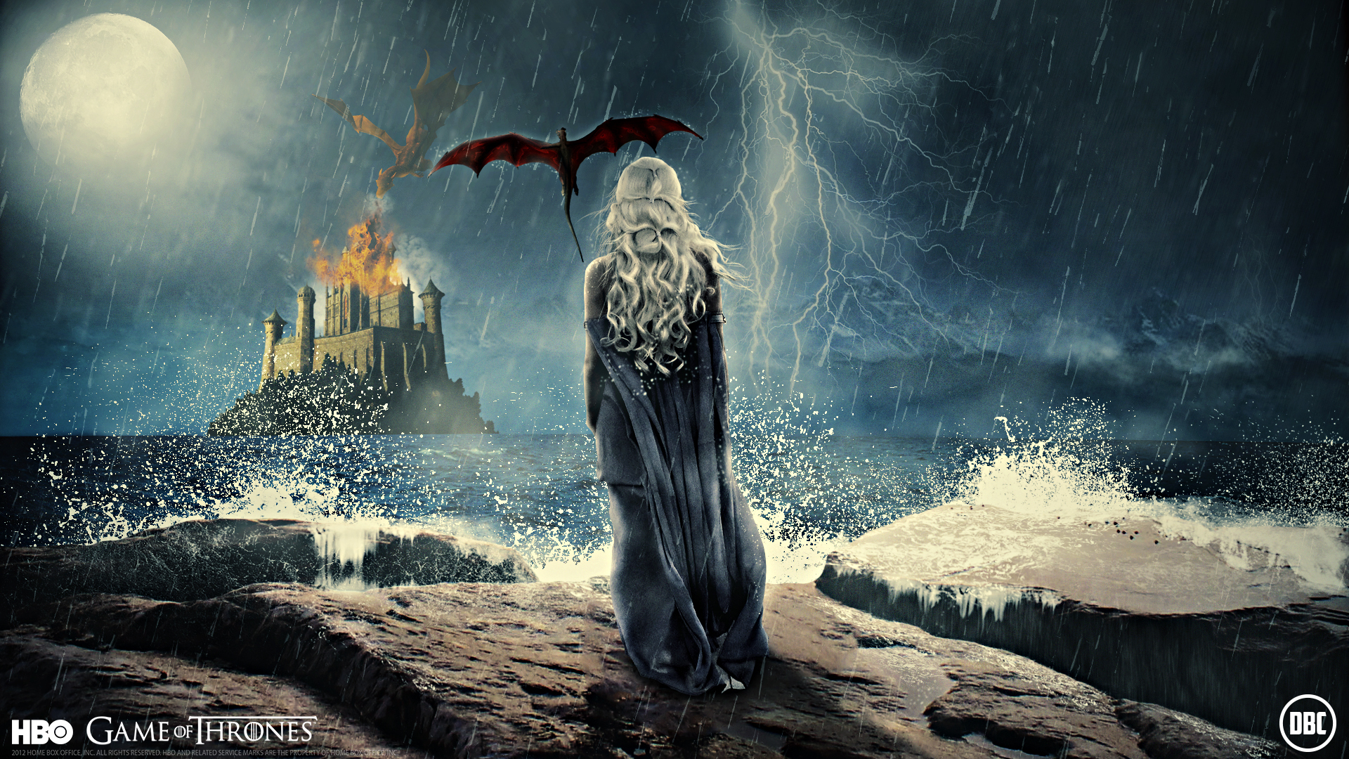 game, Of, Thrones, Dragons, Waves, Lightning, Moon, Night, Movies, Girls Wallpaper