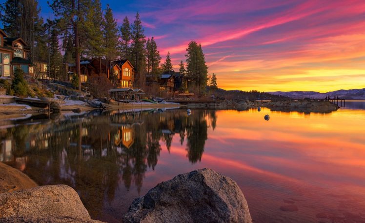 landscape, Lake, House, Rocks, Sunset, Sky, Clouds, Lake, Tahoe, United, States HD Wallpaper Desktop Background