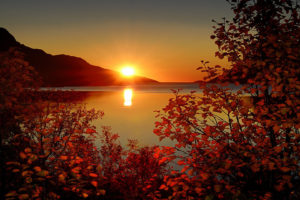 landscape, Nature, Mountains, Lake, Trees, Leaves, Sun, Sunset, Reflection