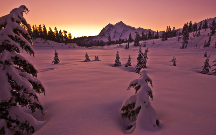 sunset, Winter, Snow, Mountains, Trees, Landscape HD Wallpaper Desktop Background