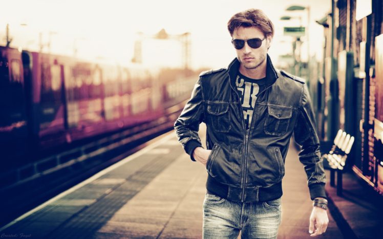 models, Men, Sunglasses, Train, Stations, Bokeh, Leather, Jacket, Male, Models HD Wallpaper Desktop Background